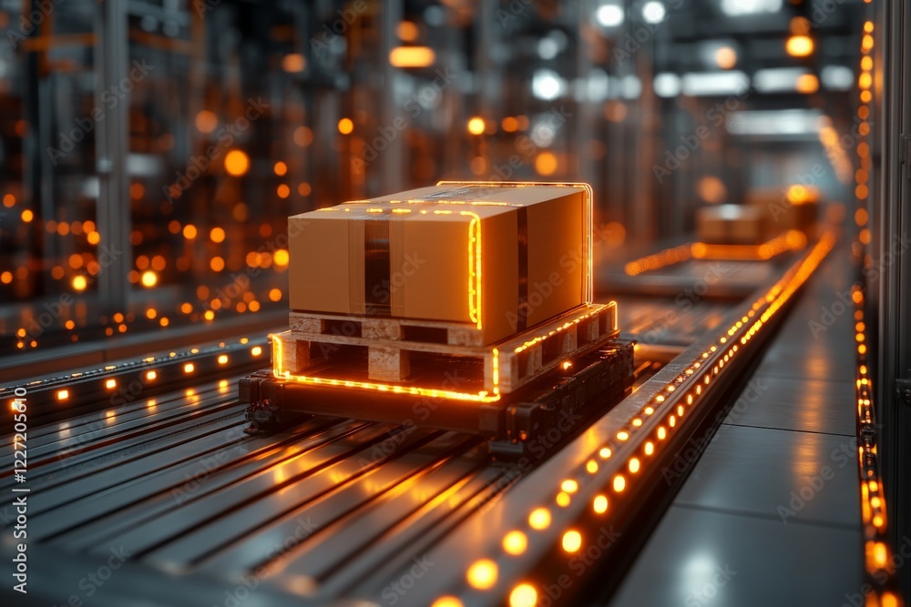 Poster package moving along automated conveyor system in modern warehouse during nighttime operations