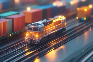 Model train navigating through a detailed miniature freight yard at dusk with illuminated containers and glowing lights