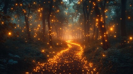 Enchanted Forest Path Illuminated by Glowing Lights in a Magical Twilight Scene