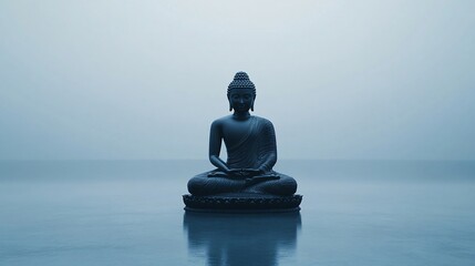 Serene Buddha statue meditating on calm water, misty background, peaceful scene