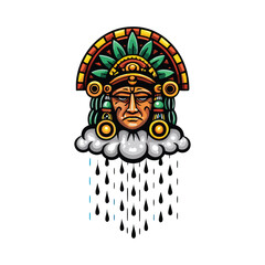 Illustrate Tlaloc, the Aztec rain god, depicted with flowing water, intricate headdress, and numerous water droplets cascading around him.