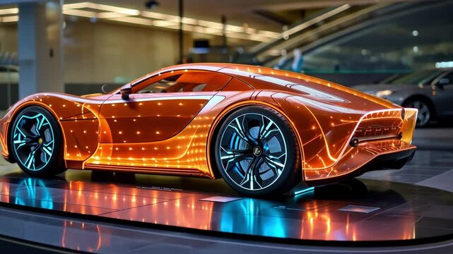 A vibrant orange car adorned with LED lights displayed in a modern shopping mall at night
