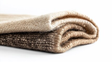 Folded wool blankets, neutral tones, studio shot, white background, home textile
