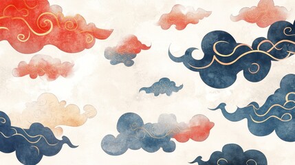 Fototapeta premium Vector illustration of Japanese cloud set. A cloud's movement in the sky is influenced by the wind. Decorate with Chinese ornaments or eastern ornaments. clouds in Chinese style. Eps 10.