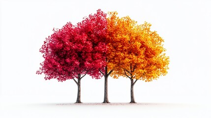 Three autumn trees, red, orange, white background, seasonal change, design element