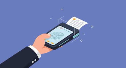Illustration of a hand holding a smartphone with a fingerprint scan, processing digital documents. Modern technology concept.