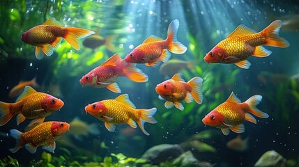 Goldfish school swimming in underwater aquarium.