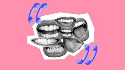 Abstract collage featuring multiple mouths and blue telephones, representing online discussions,...