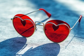 Heart-shaped red sunglasses with golden frame on bright surface