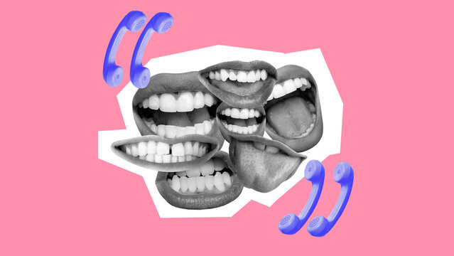 Abstract collage featuring multiple mouths and blue telephones, representing online discussions, social networks, and digital interaction. Concept of social media, communication, networking
