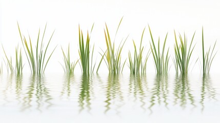 Reeds reflecting in calm water, white background, nature scene, design element