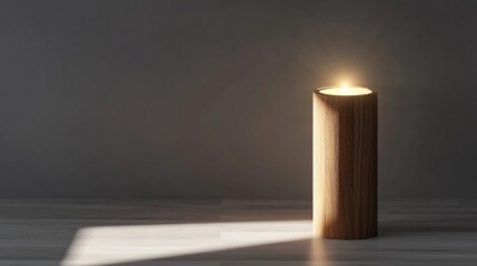 Wooden candle glows dimly, room interior, sunlight beam, peaceful remembrance