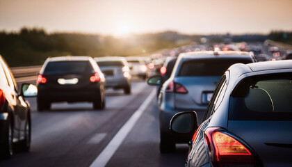 Cars at traffic jam. Rush hour on highway. Transport concept.