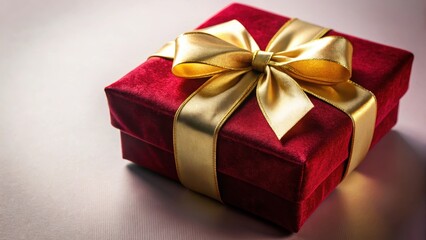 Fototapeta premium Luxe gift box wrapped in red velvet and adorned with a gold ribbon, elegant, gift wrapping