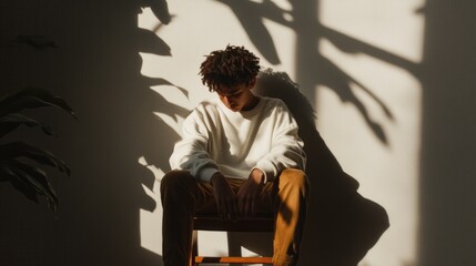 Young african male sitting in sunlit room with plant shadows. Troubled emotional teenager curling up sitting on chair with knees up and crying during meeting with therapist