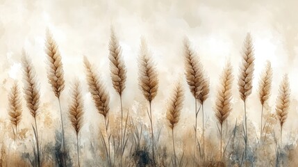 Fototapeta premium Serene Wheat Field Watercolor Painting: A Tranquil Autumn Scene