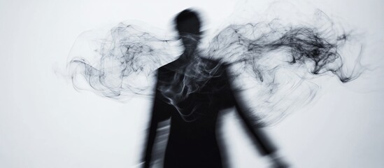 Smoky Figure Walking Studio White Background Abstract