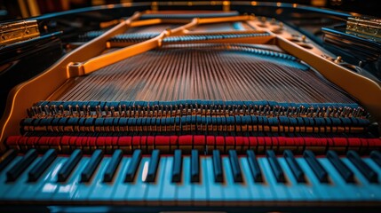 Grand piano interior, strings, hammers, keys.
