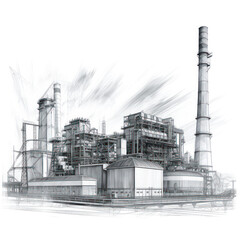 Industrial complex with towering smokestack and interconnected structures in a dynamic urban environment
