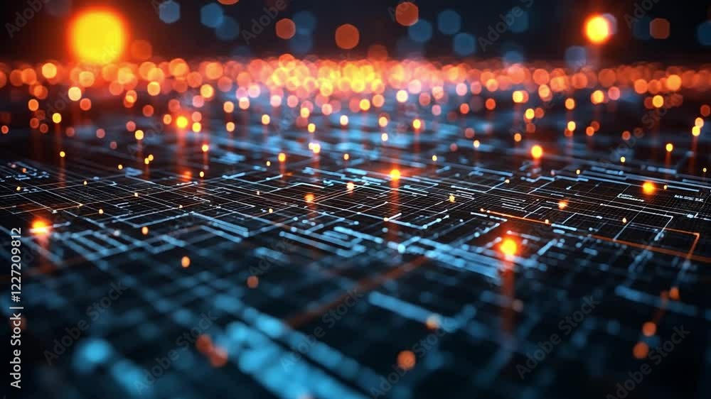 Poster a mesmerizing view of a digital landscape filled with glowing lights and intricate patterns