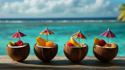 Tropical coconut drinks with fruits and umbrellas by the ocean. Vacation, wallpaper