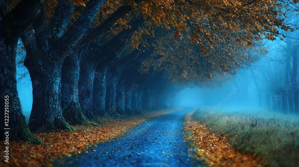 Poster autumnal tree lined path in misty fog
