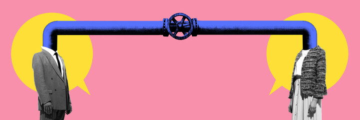 Conceptual digital collage showing two business professionals linked by long communication pipe,...
