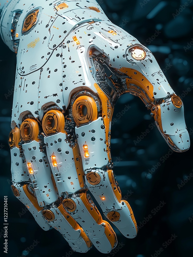 Poster a human arm and a robotic arm twisting together, representing the blending of man and machine
