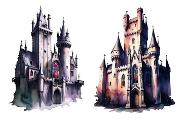 Colorful fantasy castles with intricate architectural details surrounded by whimsical elements