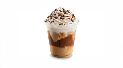 ice classic chocolate vanilla caramel foam in plastic cup white topping, white background high resolution HD AI generate