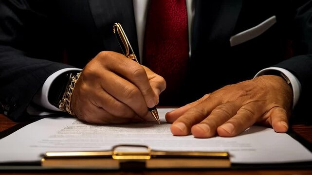 Professional in black suit with red tie signing important document with luxury golden pen on wooden desk, close up of hands with contract papers.