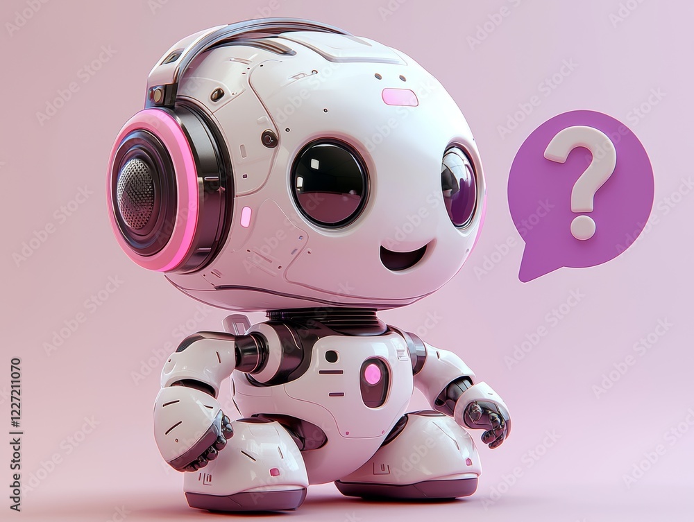 Poster illustration of a stock chatbot with a question mark displayed in a speech bubble. an ai robot smile