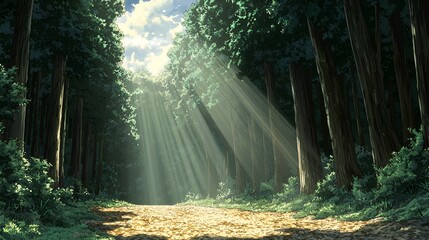 Fototapeta premium Sunlit forest path, nature background, peaceful walk, serene landscape, ideal for travel or nature documentaries