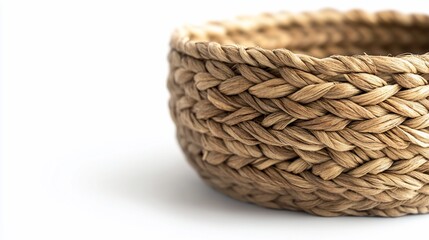 Obraz premium Woven seagrass bowl on white background; rustic decor