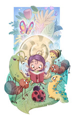 Naklejka premium Fairy reading a book surrounded by funny insects