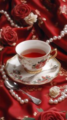 Fototapeta premium A cup of tea on a red cloth with pearls and roses.