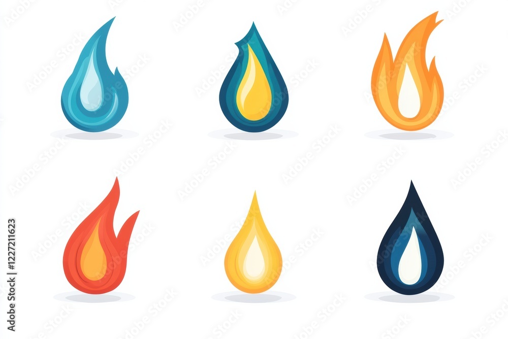 Poster colorful flame icons representing various styles and designs suitable for creative projects or digit