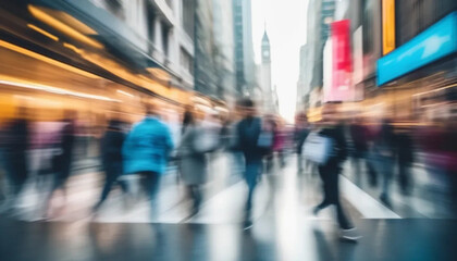 Blurred people walking in motion on the street.
