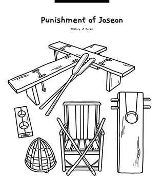 This illustration is a variety of punishments from Korea's Joseon Dynasty. There are konjang, juri, and torture devices.