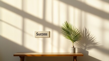 Path to Success: Achievement and Personal Fulfillment, A serene workspace featuring a plant, a wooden table, and a "Success" sign with soft shadows.