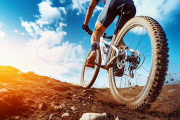 A cyclist powers through a rugged mountain trail, dirt flying behind the bike tires.
