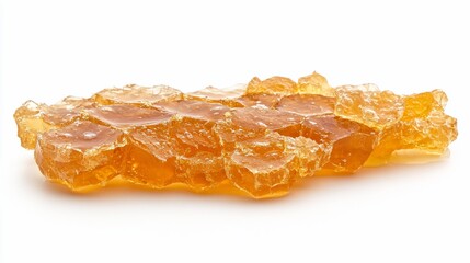 Amber sugar crystals close-up studio shot on white background, food ingredient