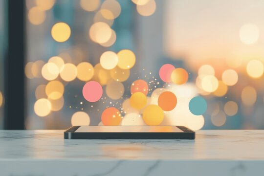 Digital business platform urban setting tablet display evening view