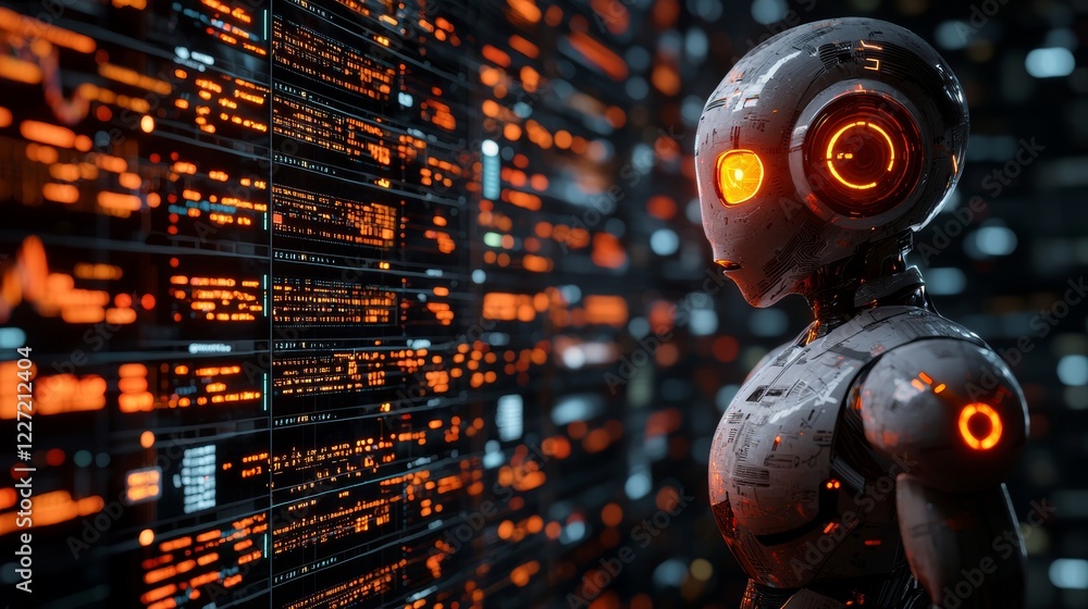 Poster a cutting-edge stock bot interpreting a chart alongside an economic growth graph and market metrics 