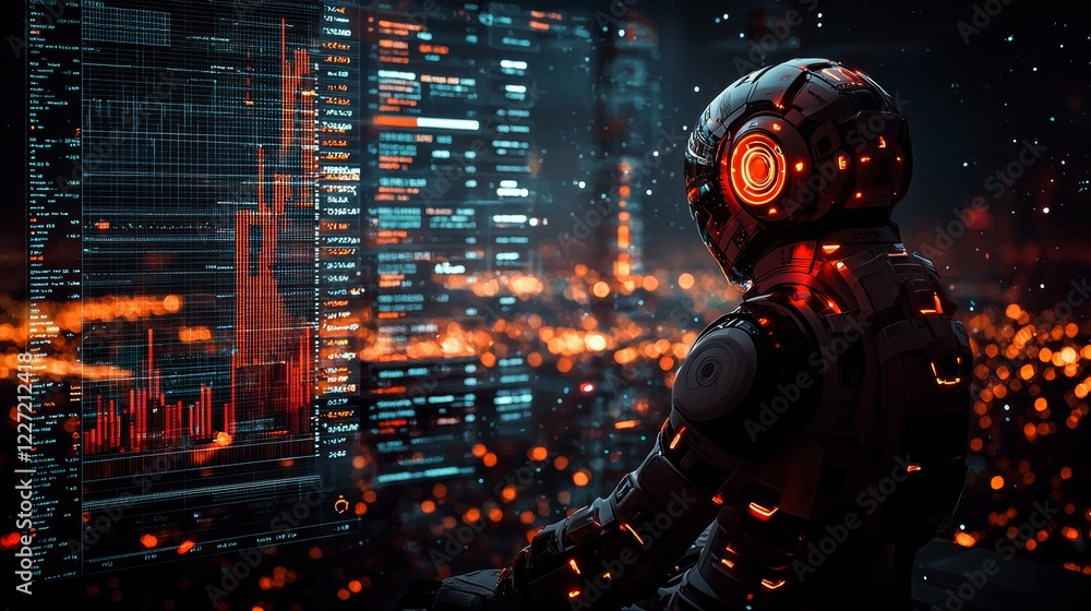 Poster a stock bot examining a chart complete with an economic growth graph and market insights for a busin