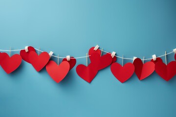 Red paper hearts hanging on a clothesline create a romantic atmosphere against a vibrant blue backdrop