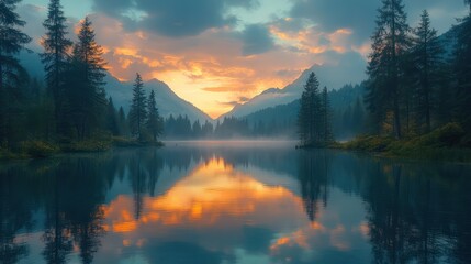 Serene Sunset Over a Misty Mountain Lake