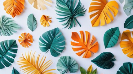 Colorful paper leaves arrangement on white background with tropical themes