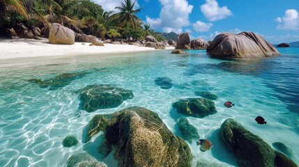 Pristine tropical beach with crystal clear water and coral reefs