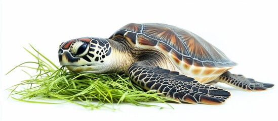 Sea turtle resting on grass, white background, nature image, conservation